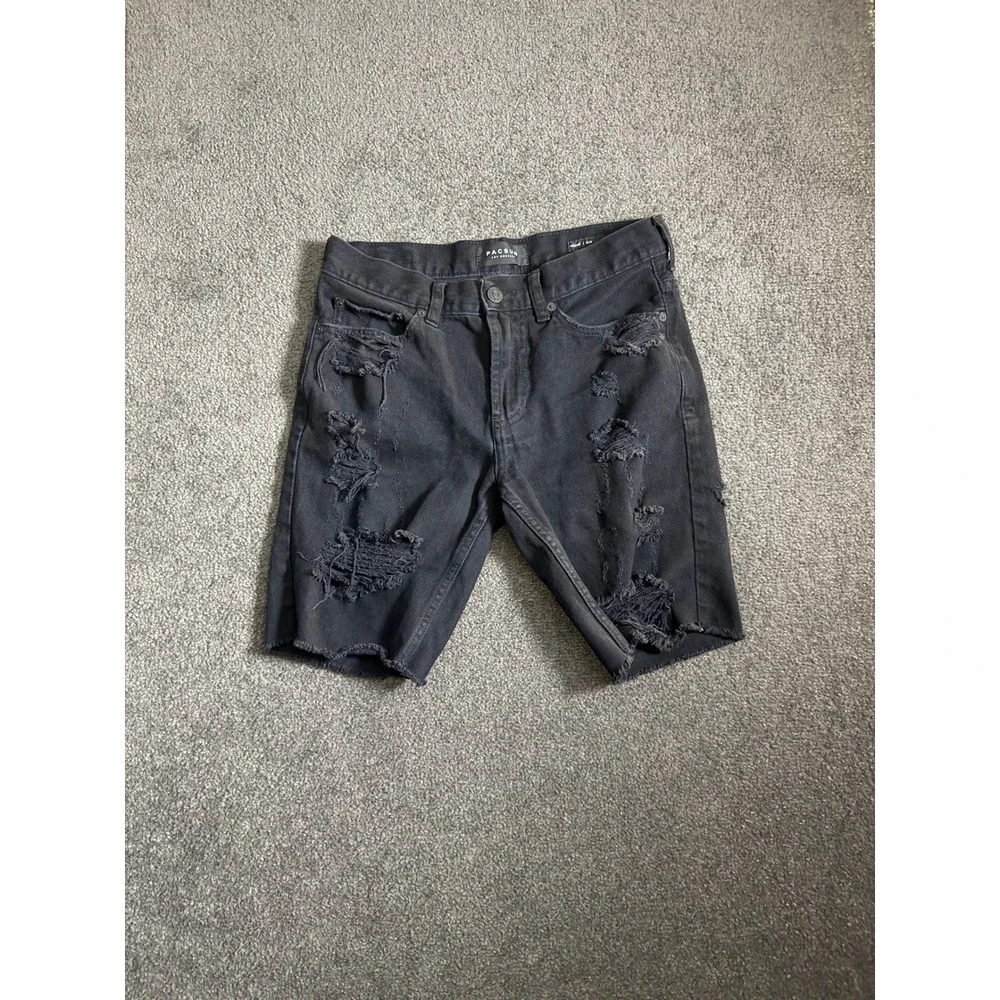 PacSun Mens Skinny Distressed Denim Shorts Black W30 Comfort Stretch Ripped